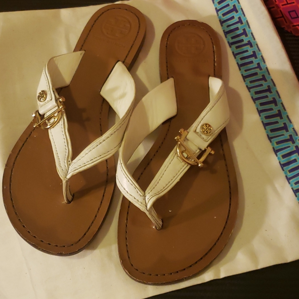 Tory Burch White Gold Leather Sandals